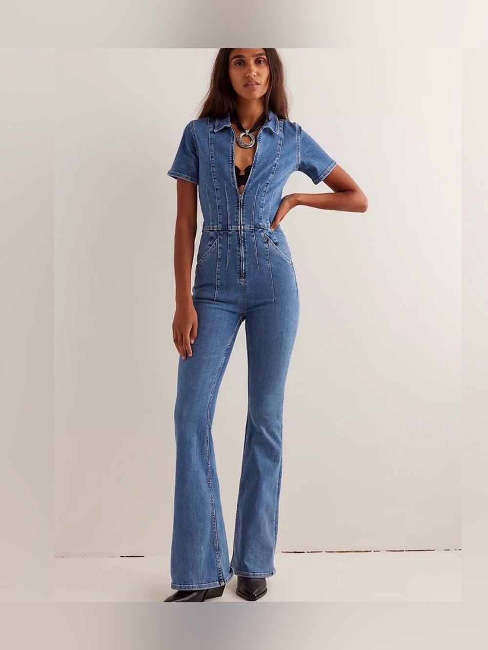 Free People we the free Jade flare jumpsuit denim  Blue Denim Jumpsuit NWT Large